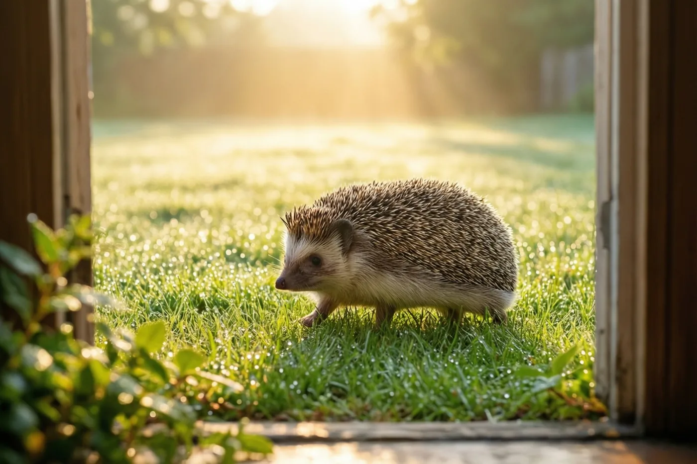 Door een open deuropening is een egel te zien die over een bedauwd grasveld loopt in warm gouden ochtendlicht.