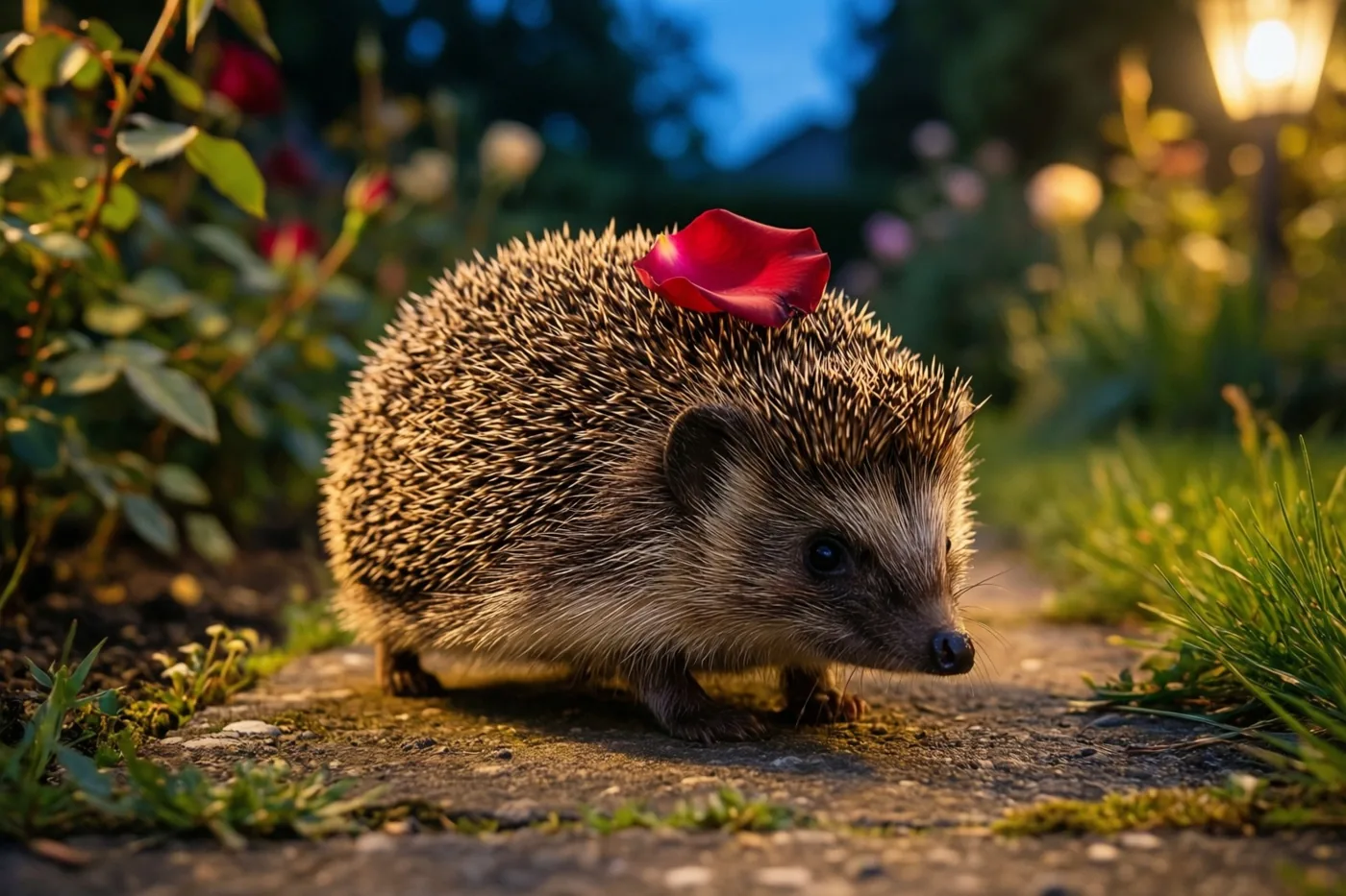 Een egel met een rood rozenblaadje op zijn rug loopt bij schemering over een tuinpad in warm goudkleurig licht, met groen en wazige bloemen rondom.