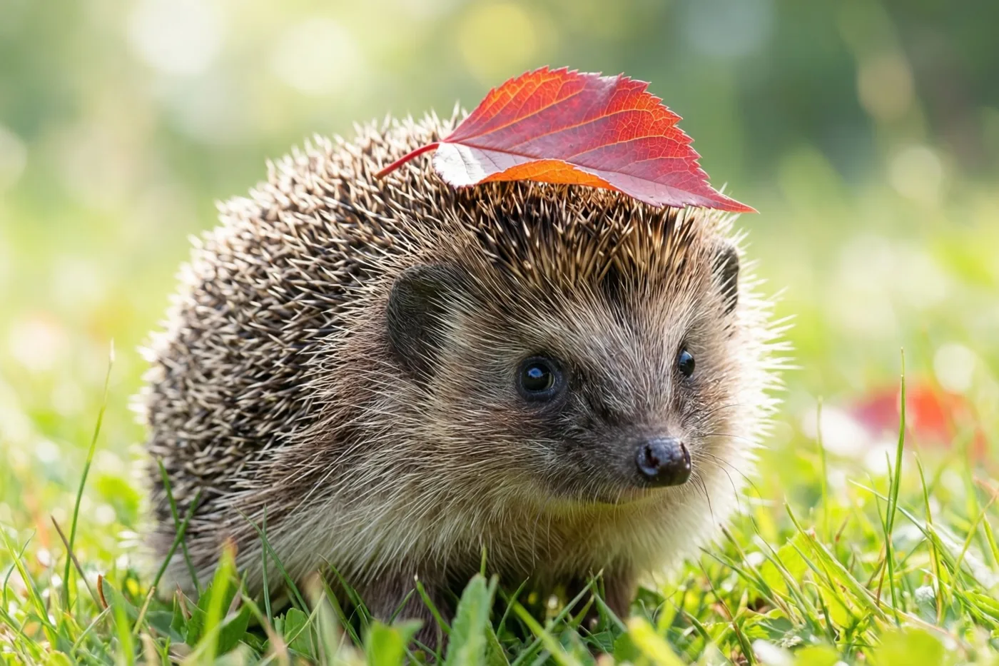 Een egel zit in groen gras met een rood blad op zijn stekels.