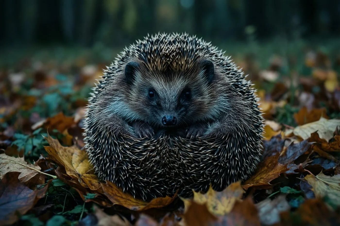 Een egel ligt opgerold tussen herfstbladeren in een bos met bruine, oranje en donkergroene tinten.