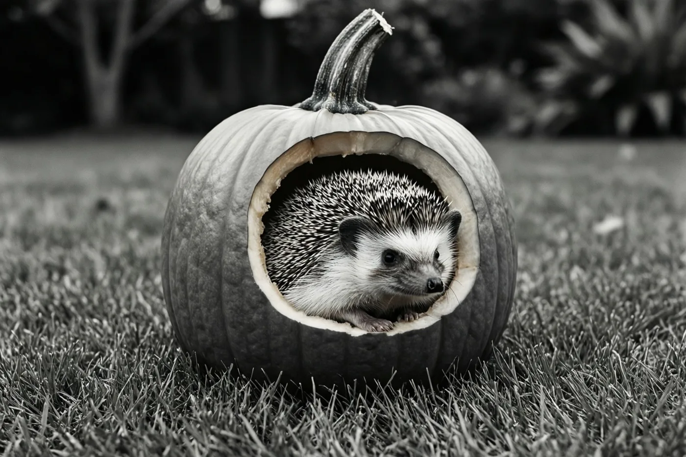 Een egel met stekels gluurt uit een uitgeholde pompoen op een grasveld, op een zwart-witfoto.
