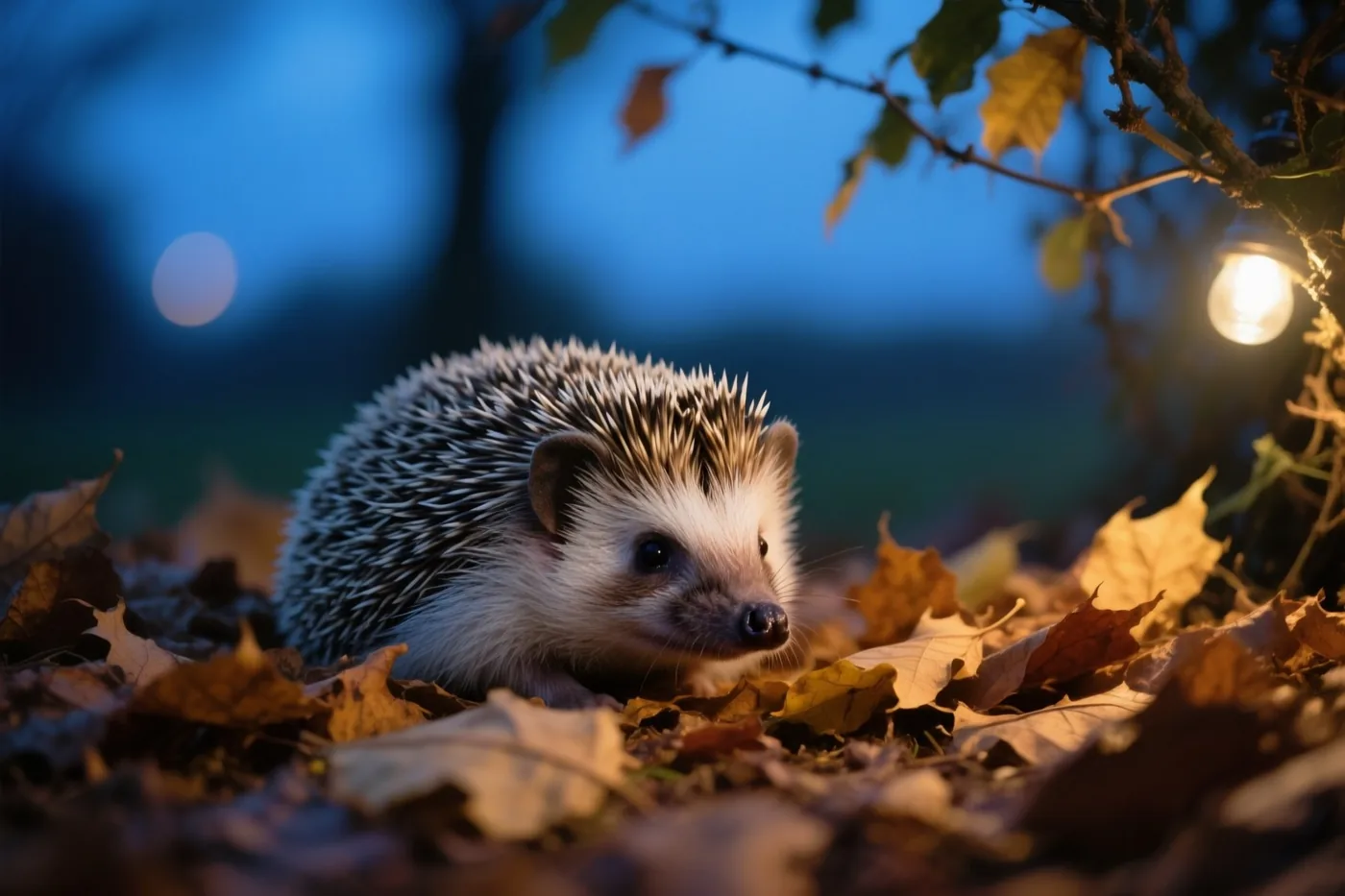 Een egel zit tussen herfstbladeren onder een haag, verlicht door warm licht tegen een koele blauwe schemerlucht.