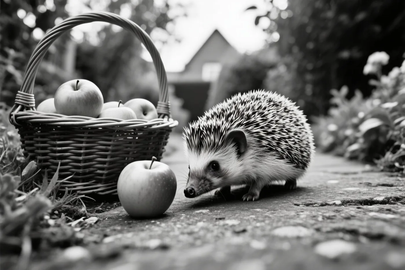 Een egel snuffelt bij een rieten mand vol appels op een tuinpad in een zwart-witbeeld.