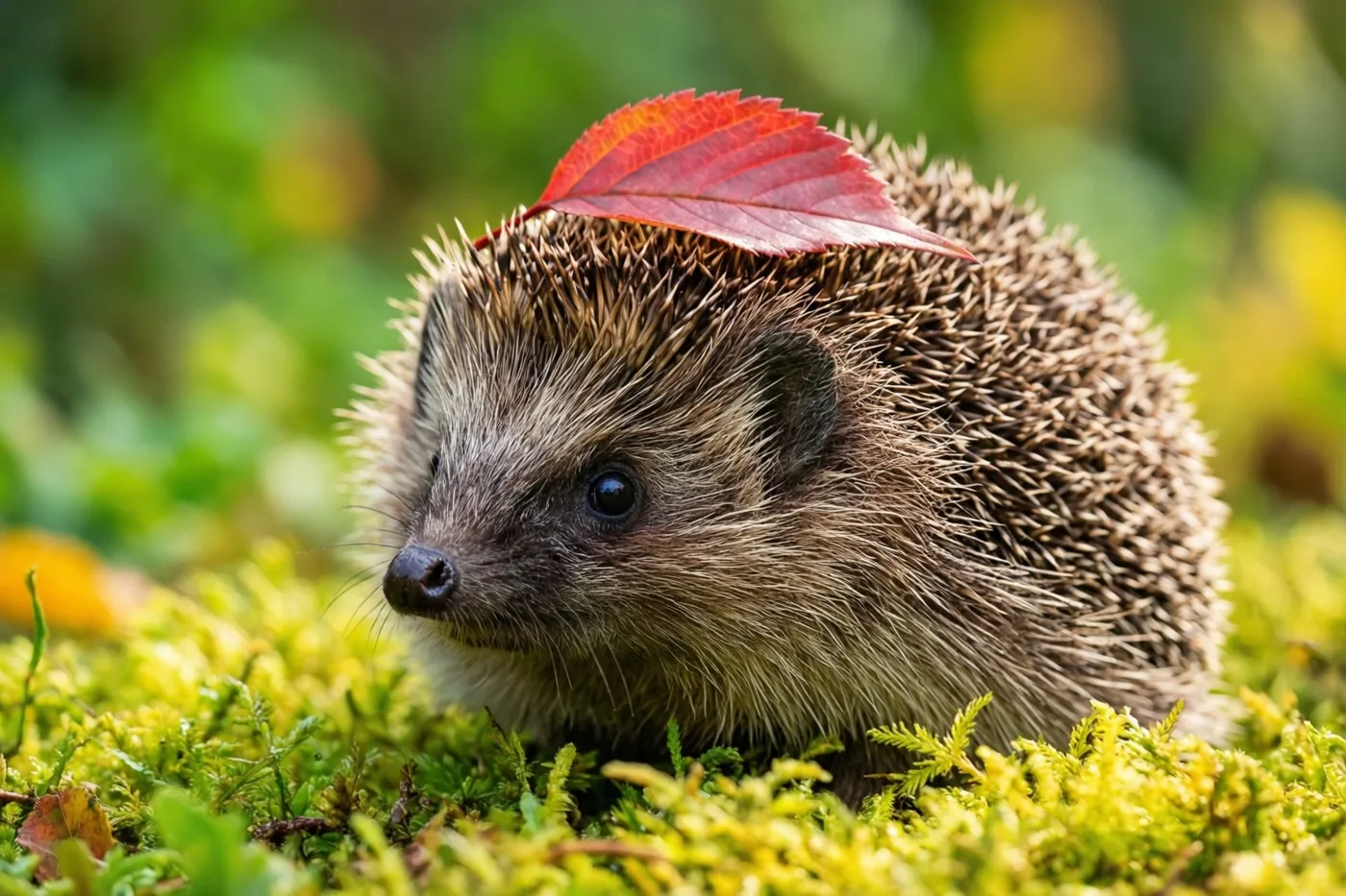 Een egel zit in felgroen mos met een rood blad als een hoedje op zijn stekels en wazig loof op de achtergrond.