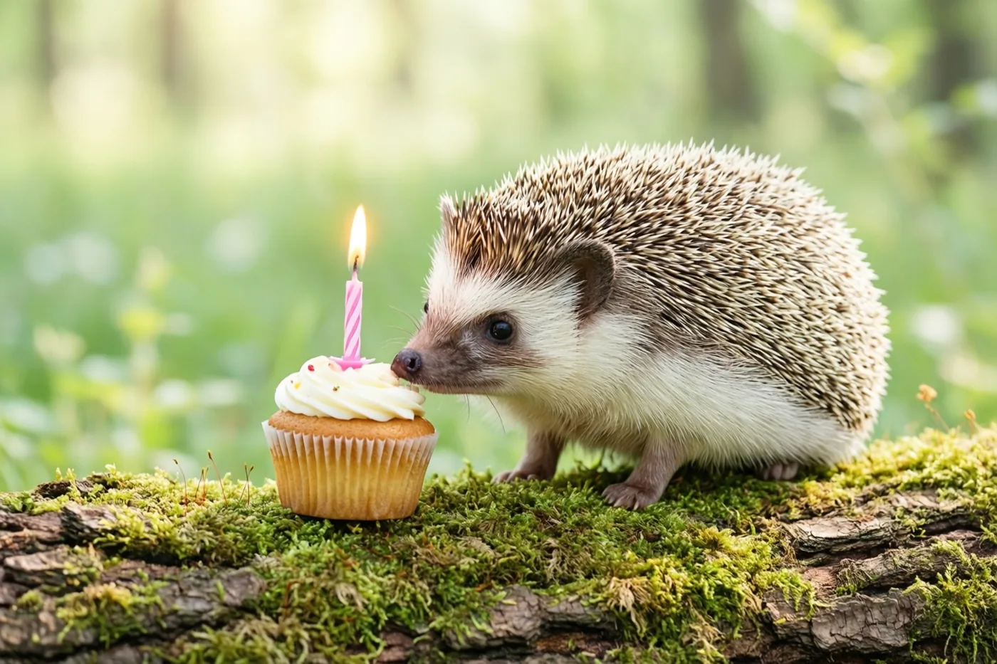 Een kleine egel snuffelt aan een cupcake met een brandend roze kaarsje op een bemoste boomstam in het bos.