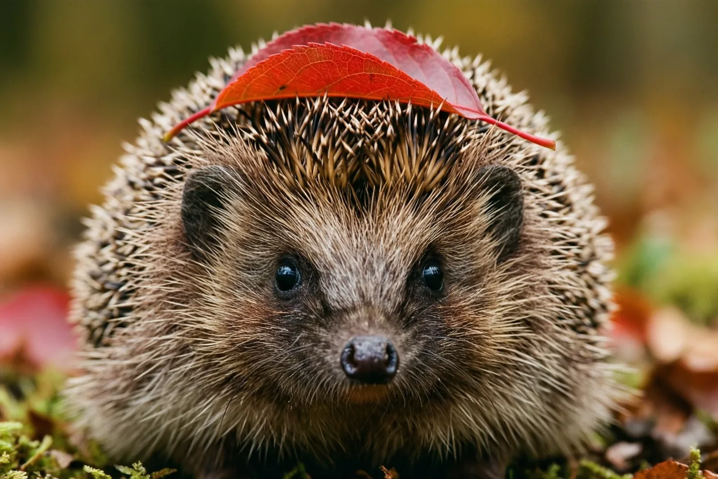 Een egel is van dichtbij te zien met een felrood blad als een hoedje op zijn stekels, tegen wazig loof in een herfstbos.