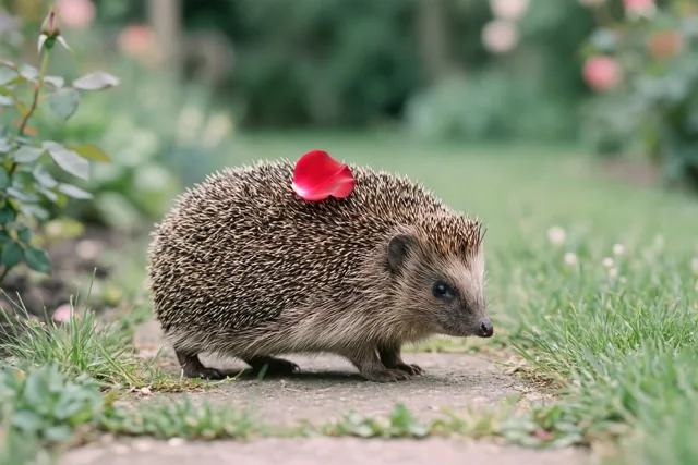 Een egel met een rood rozenblaadje op zijn rug loopt over een tuinpad langs groen gras, met wazige roze rozen en bladeren op de achtergrond.