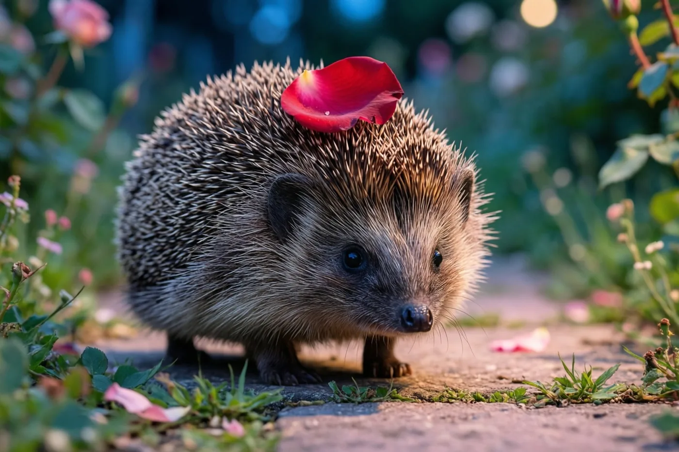 Een egel met een rood rozenblaadje op zijn rug loopt op een tuinpad tussen groen en bloemen, met een zacht verlichte, wazige achtergrond.
