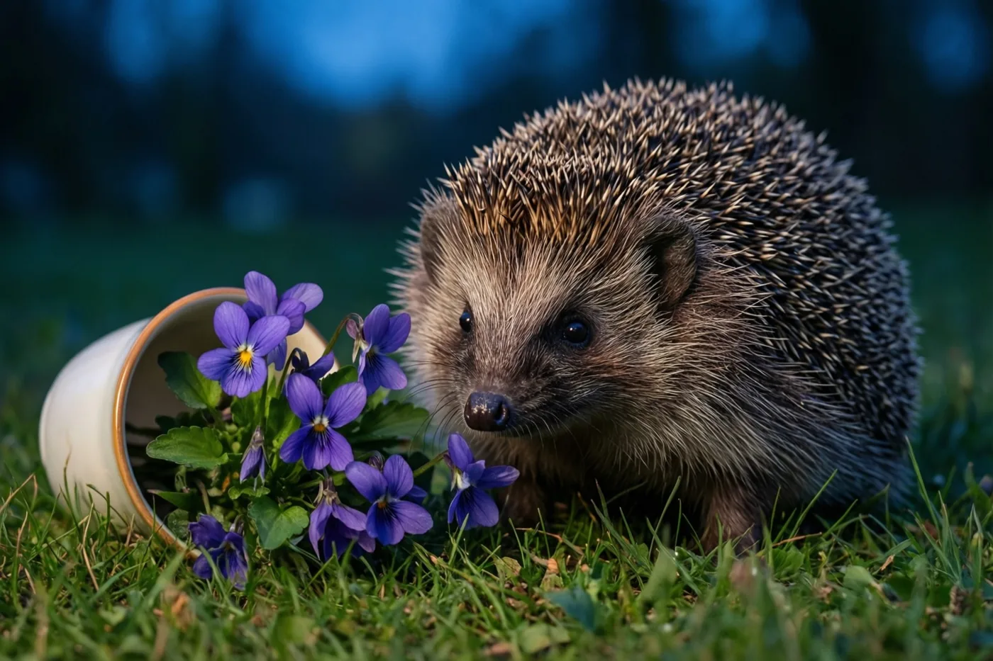 Een egel zit op groen gras naast een boeketje paarse viooltjes en een omgevallen witte kop, tegen een zachtblauwe achtergrond.