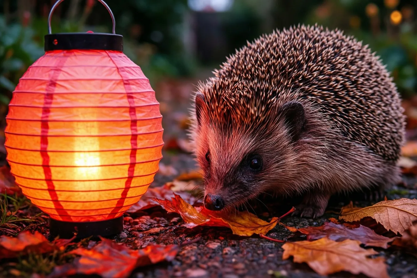 Een egel snuffelt bij valavond tussen herfstbladeren op een tuinpad naast een brandende rode papieren lampion, in oranje, rode en bruine tinten.