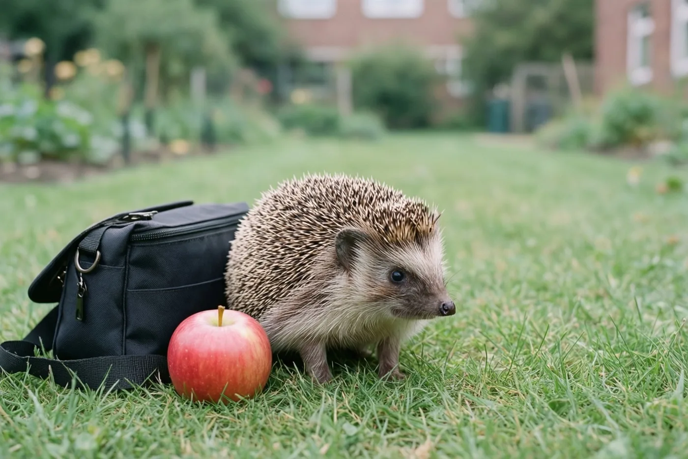 Een kleine egel staat op groen gras naast een zwarte boekentas en een rode appel, met een wazige tuin en een huis op de achtergrond.