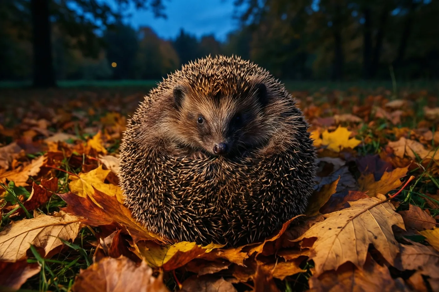 Een egel ligt opgerold tussen goudbruine herfstbladeren in een bos onder een blauwe schemerlucht.