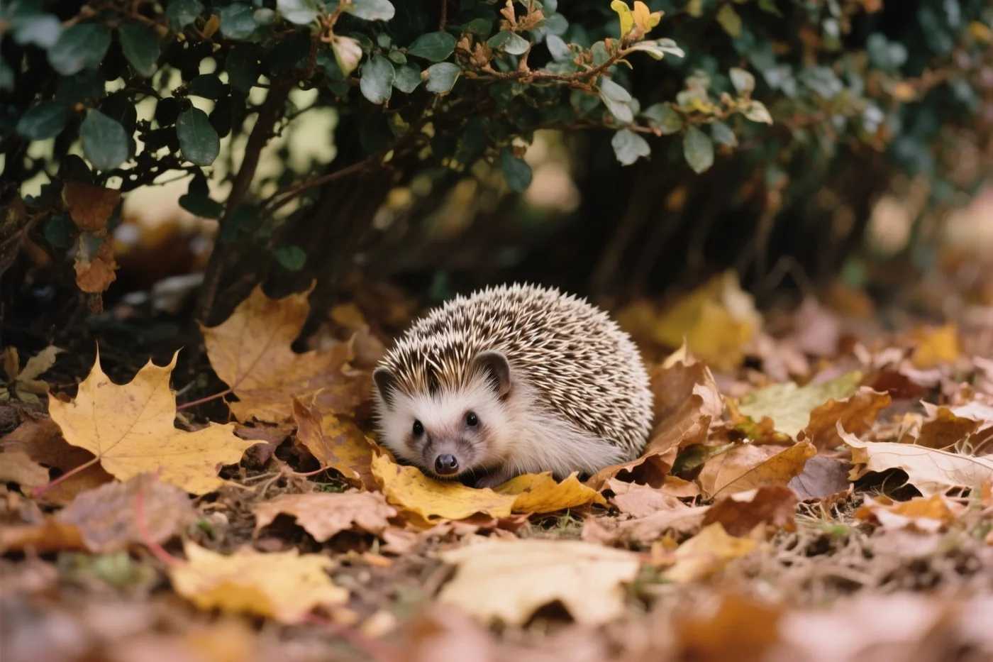 Een egel zit tussen gevallen gele en bruine bladeren onder een groene haag in zacht natuurlijk licht.