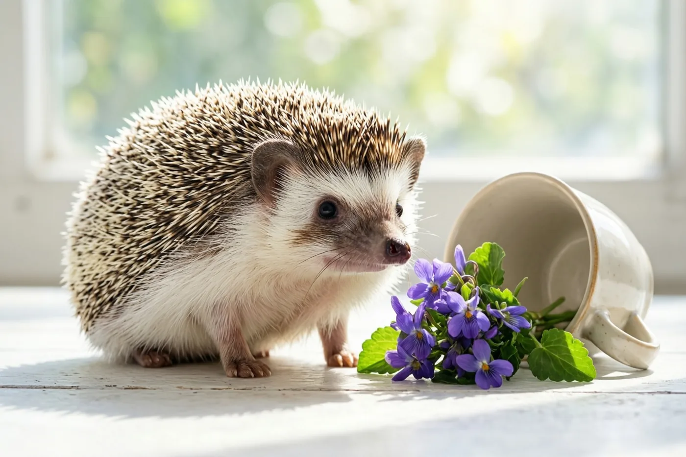 Een kleine egel zit op een witte houten ondergrond naast een boeketje paarse viooltjes en een omgevallen keramieken mok, met helder daglicht van een raam op de achtergrond.