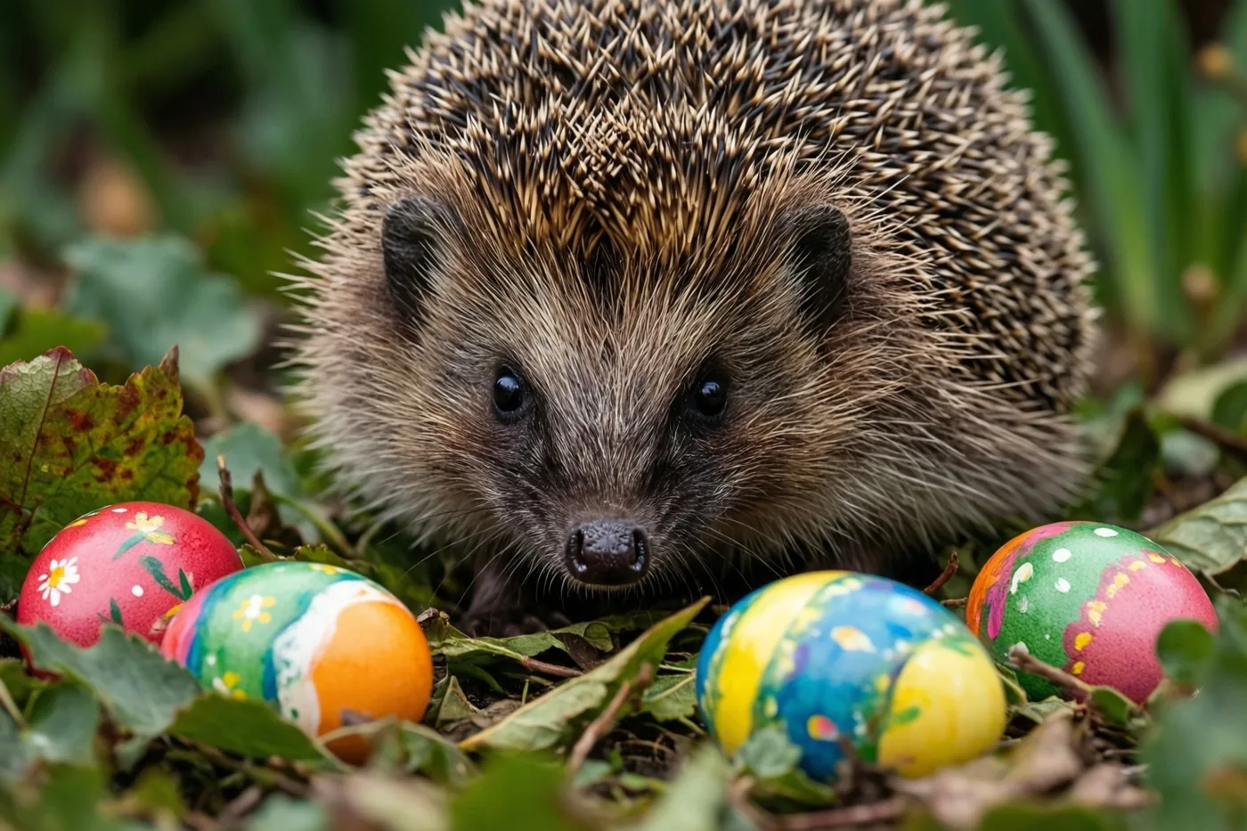 Een egel met bruine stekels en donkere ogen kijkt van achter groene bladeren in een tuinborder, omringd door kleurrijk beschilderde paaseieren.