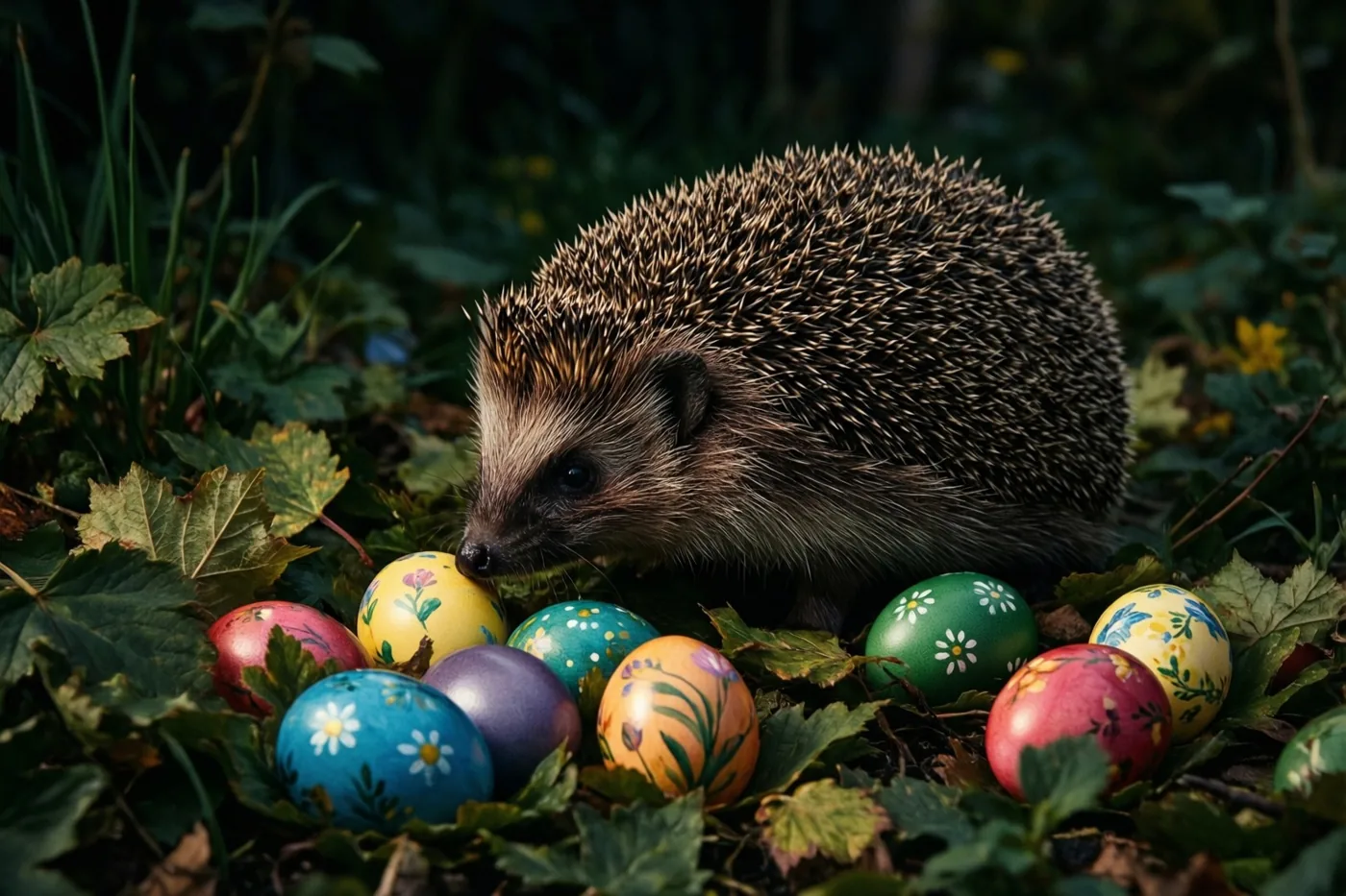 Een egel snuffelt aan blauw, geel, rood en paars beschilderde paaseieren tussen groene bladeren in een tuin.
