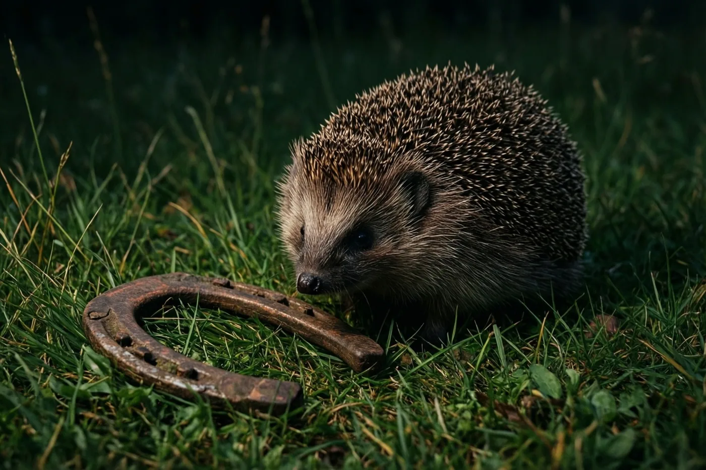 Een egel zit in het gras naast een oud roestig hoefijzer, bij natuurlijk licht en tegen een donkere wazige achtergrond.