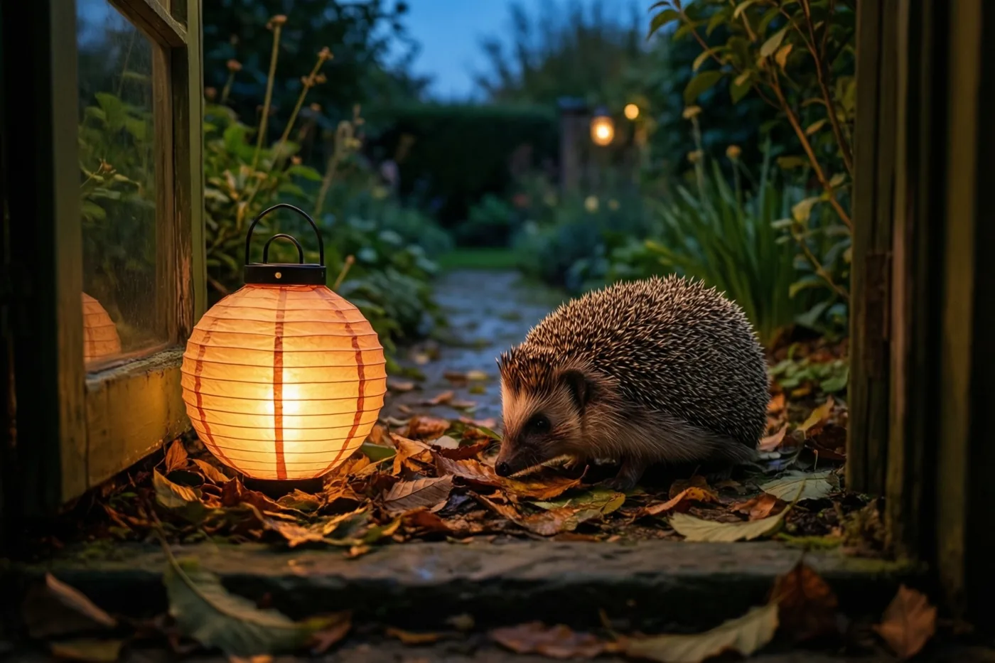 Een egel snuffelt bij valavond tussen gevallen bladeren op een tuinpad naast een brandende papieren lampion, met een donkerblauwe achtergrond.