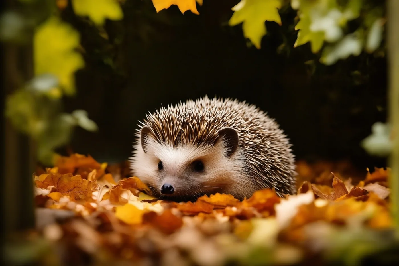 Een egel zit tussen goudkleurige herfstbladeren en wordt deels verborgen door bladeren erboven.