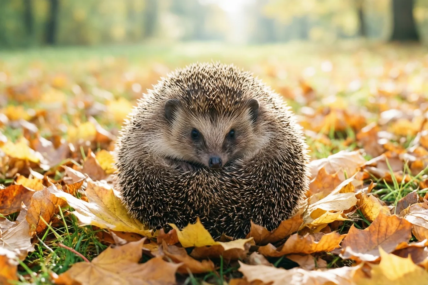 Een egel ligt opgerold tussen goudkleurige herfstbladeren op het gras in een zonnig bos met een onscherpe achtergrond.