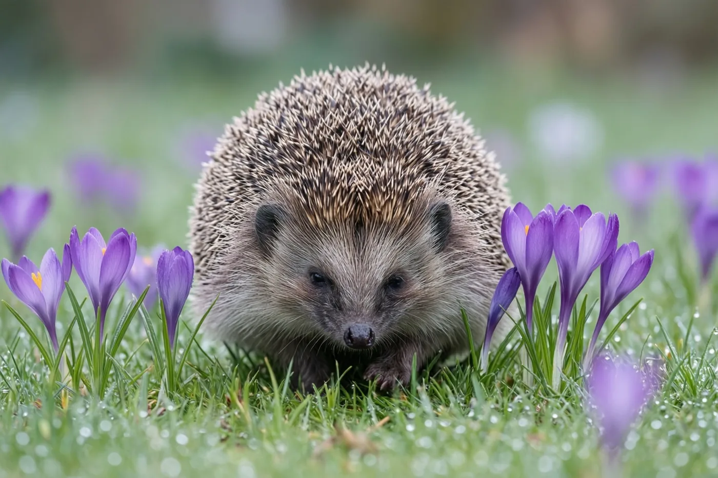 Een egel komt tevoorschijn uit bedauwd gras tussen bloeiende paarse krokussen in een tuin met een onscherpe achtergrond.