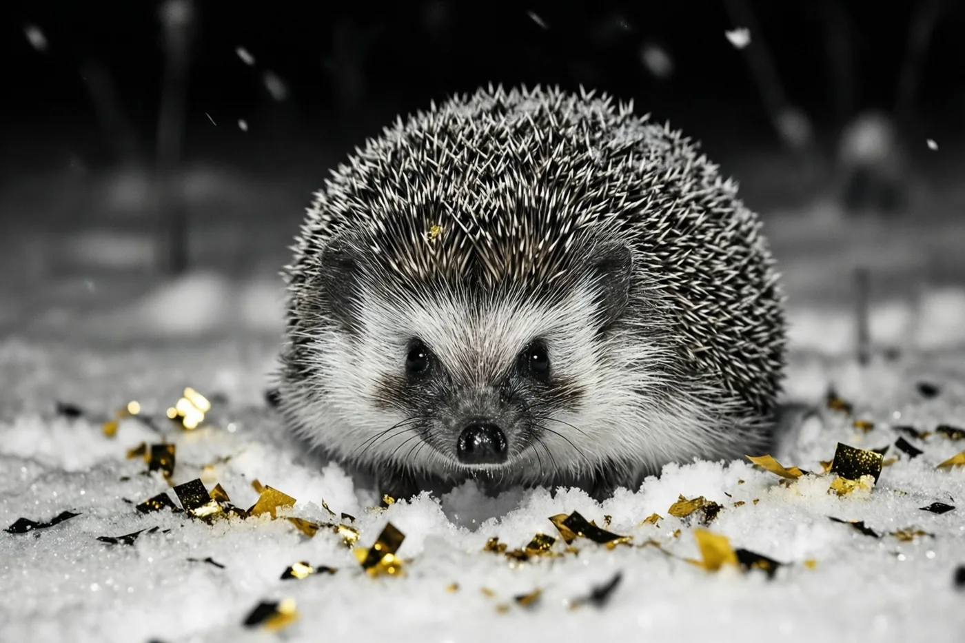 Een egel zit 's nachts in de sneeuw met gouden confetti om zich heen, in een beeld met vooral wit, zwart en goud.