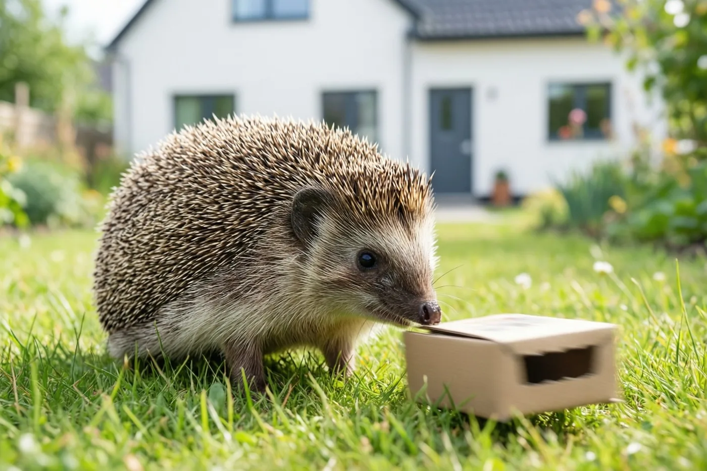 Een egel snuffelt aan een kleine kartonnen verhuisdoos op een groen gazon voor een wit huis in de zon.