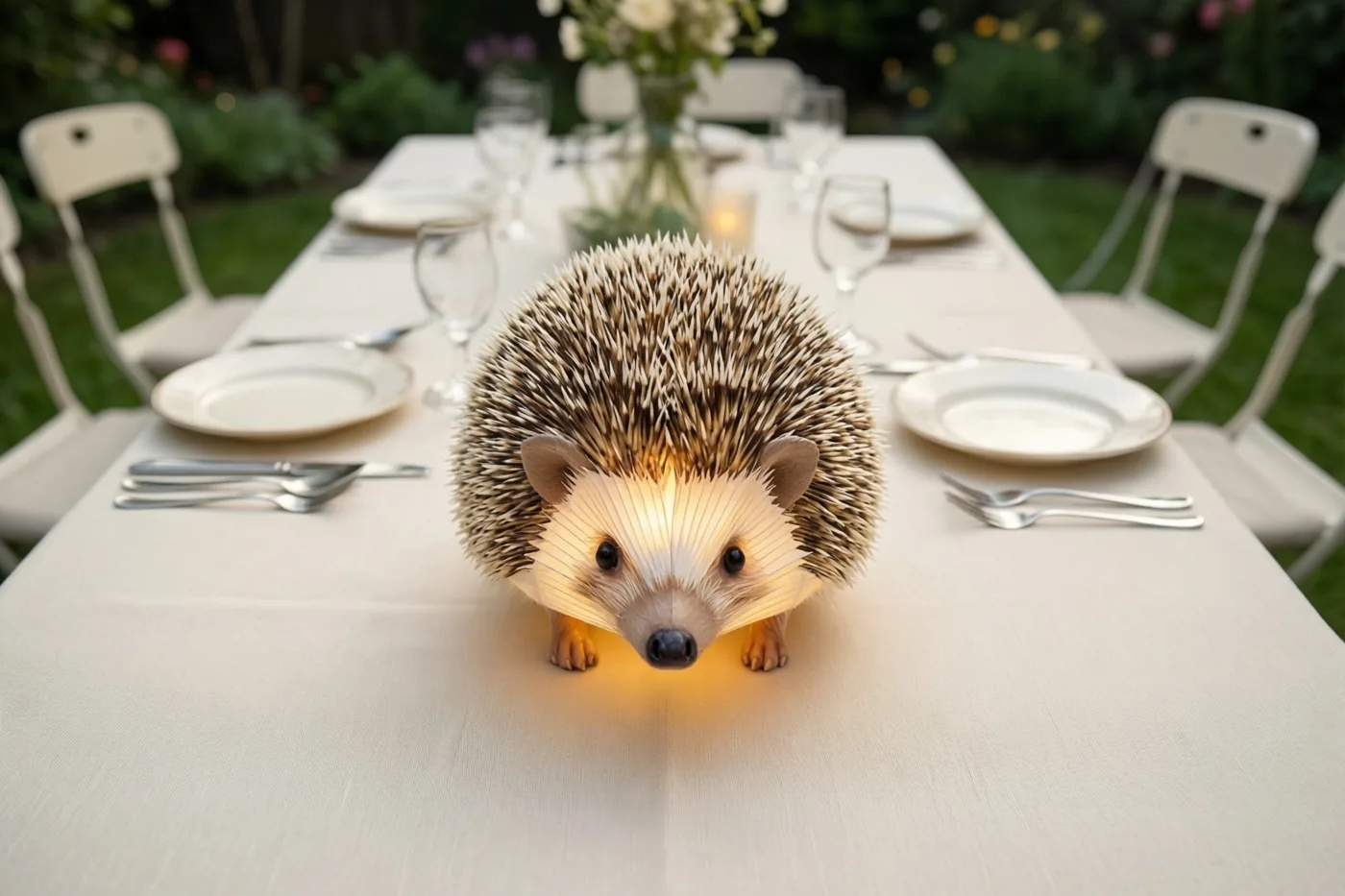 Een brandende papieren lantaarn in de vorm van een egel staat midden op een gedekte tuintafel met een wit tafelkleed, met groen op de achtergrond in de schemering.