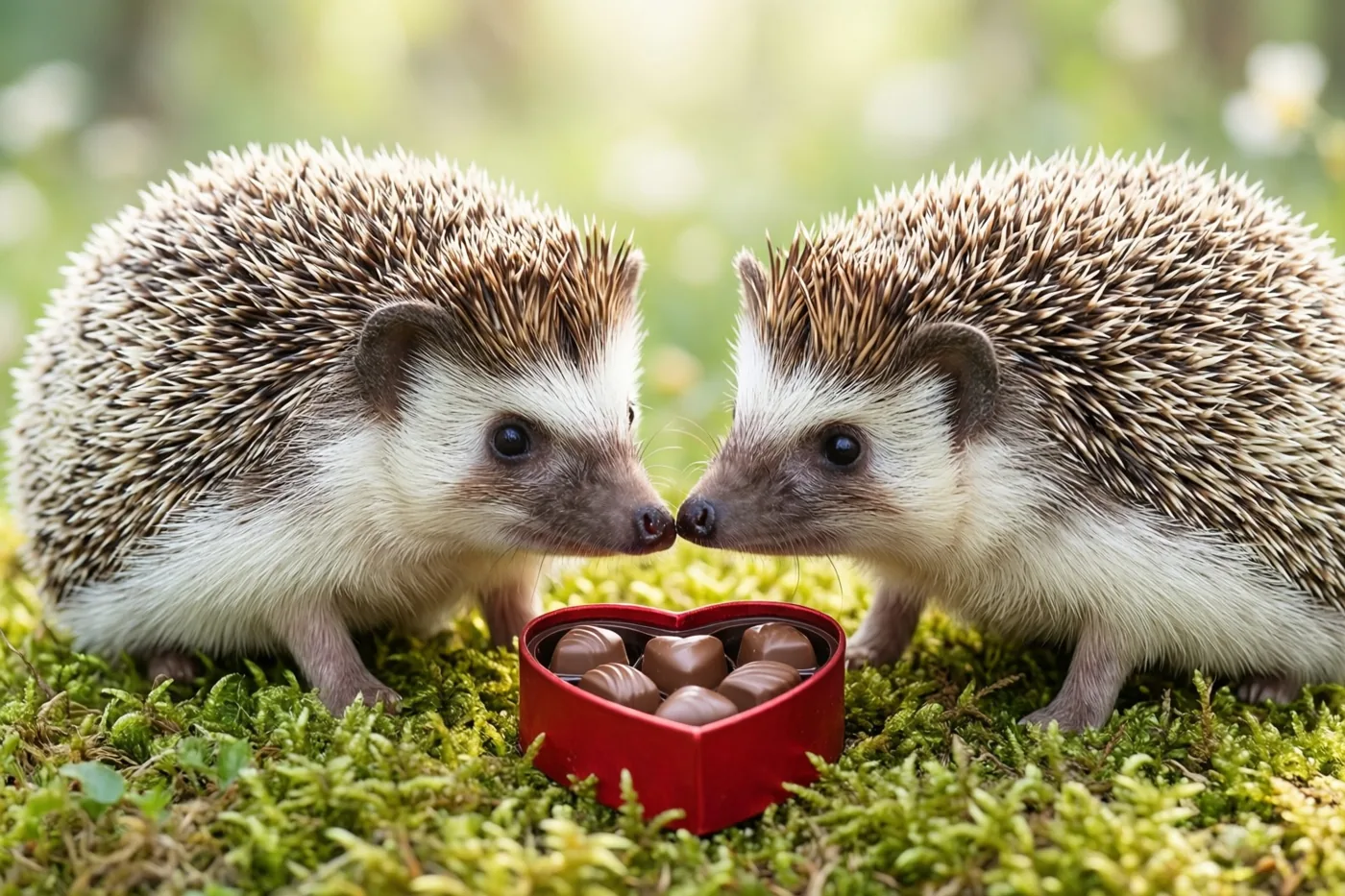 Twee egels zitten neus aan neus op groen mos met een klein rood hartvormig doosje pralines ertussen, tegen een zonnige, wazige natuurachtergrond.