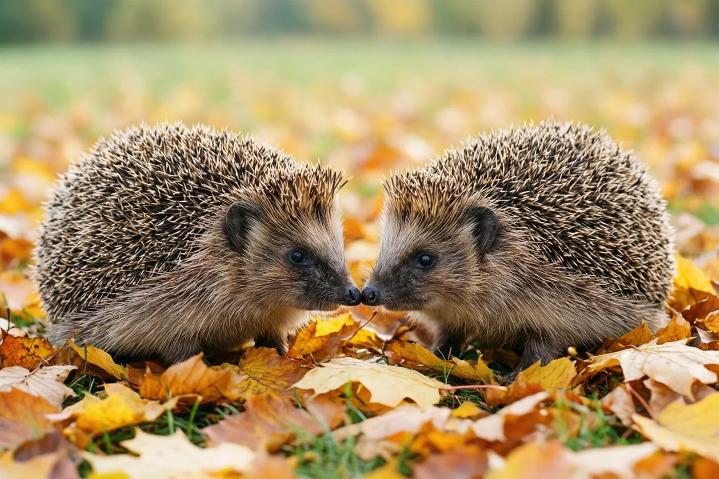 Twee egels staan neus aan neus tussen herfstbladeren in een veld, met wazig gebladerte op de achtergrond.