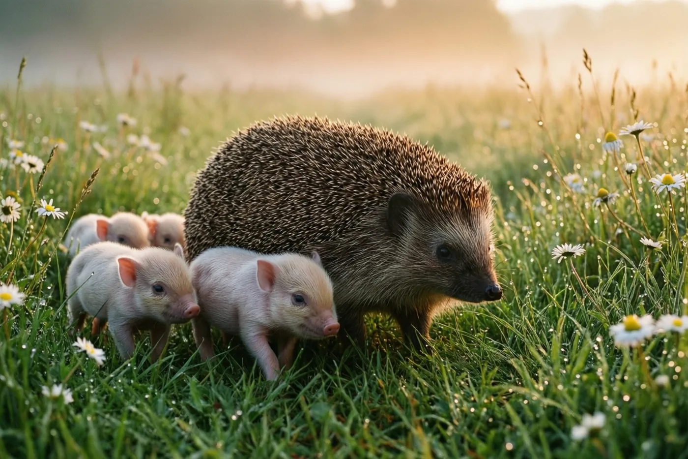 Een moederegel en haar kleine jongen lopen tussen groen gras en witte madeliefjes in warm, goudkleurig ochtendlicht.