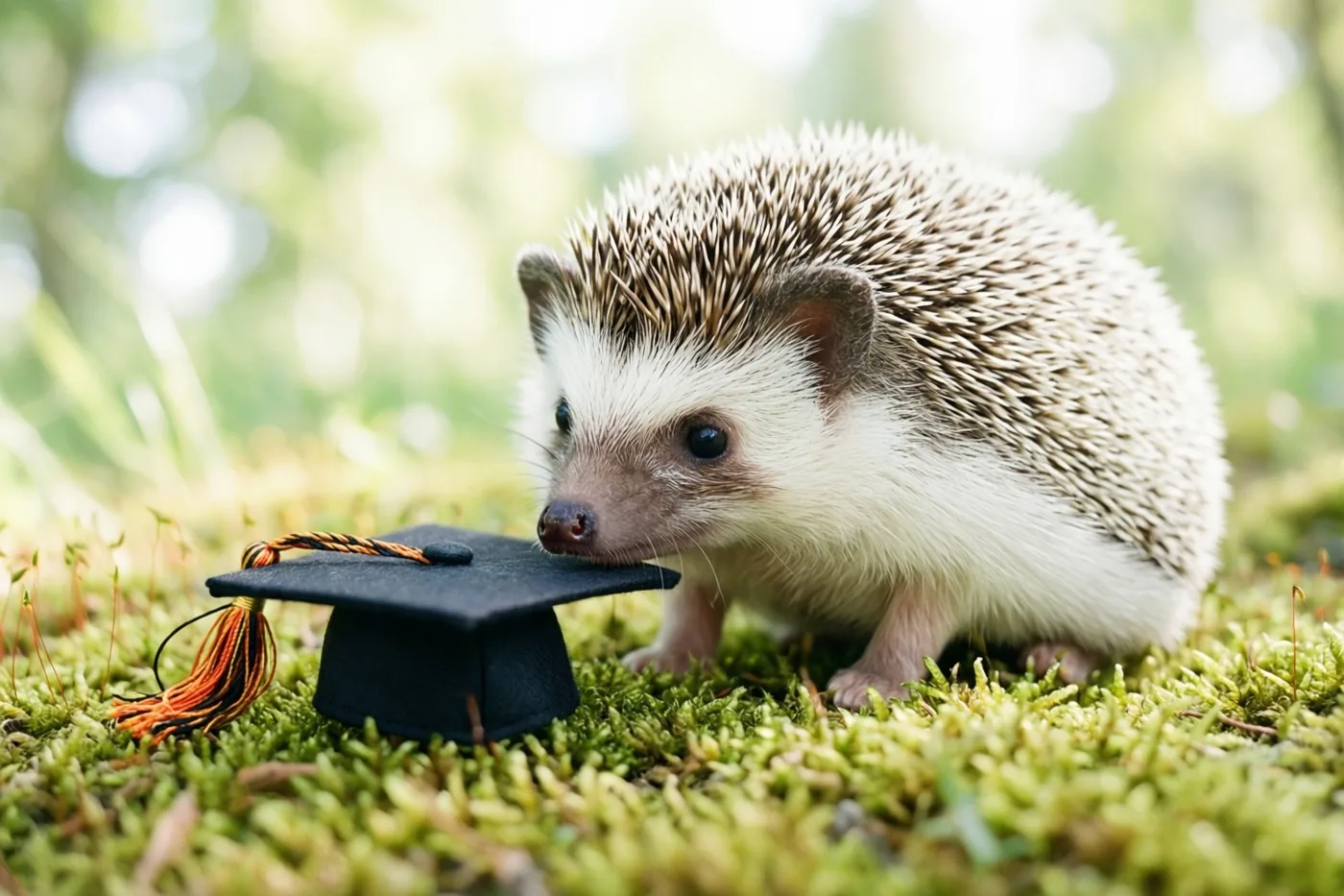 Een jong egeltje met witte en bruine stekels snuffelt aan een kleine zwarte afstudeerhoed met een oranje kwastje op groen mos, tegen een wazige natuurlijke achtergrond.