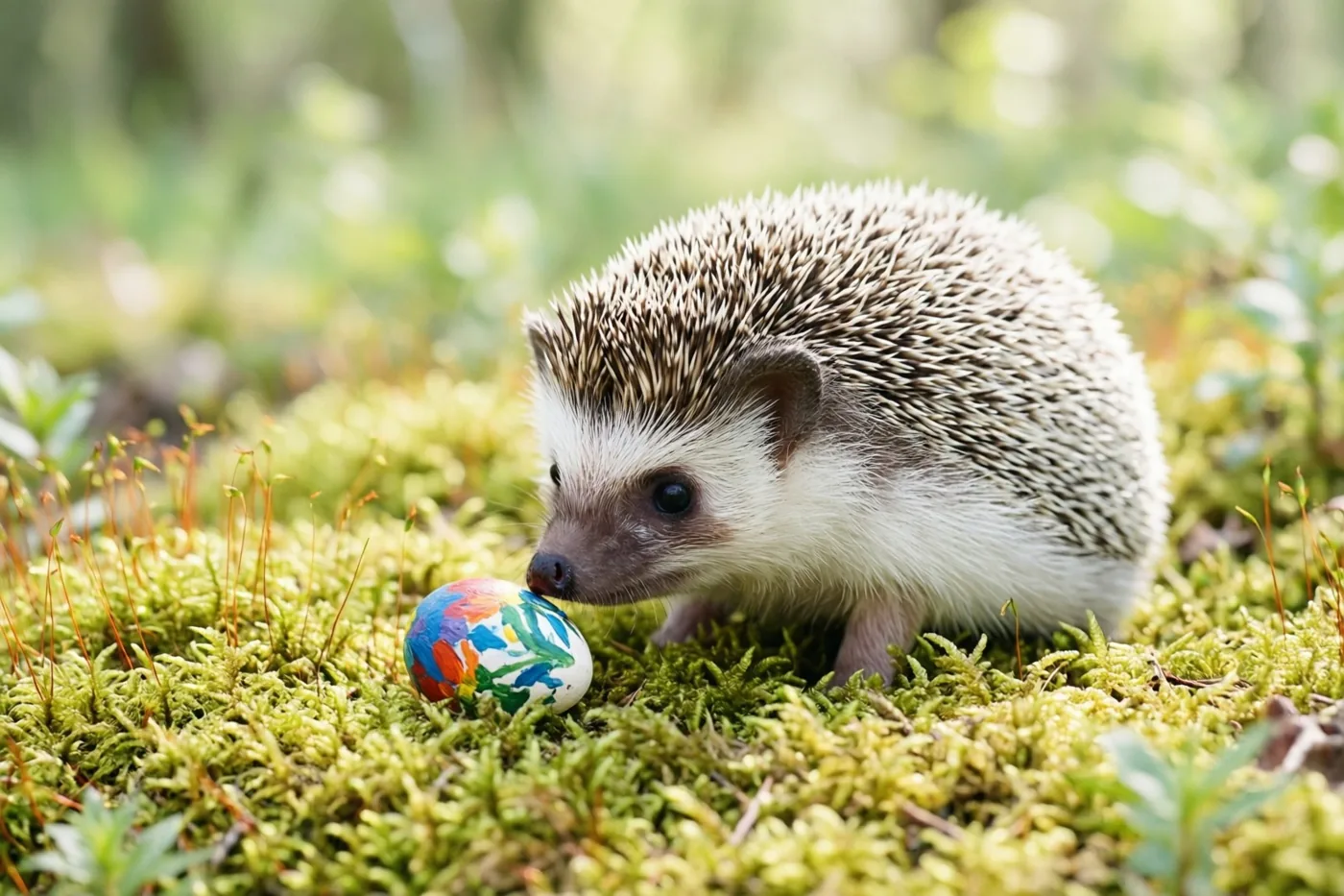 Een babyegeltje met witte en bruine stekels snuffelt aan een klein kleurrijk beschilderd ei op frisgroen mos, met een onscherpe bosomgeving op de achtergrond.
