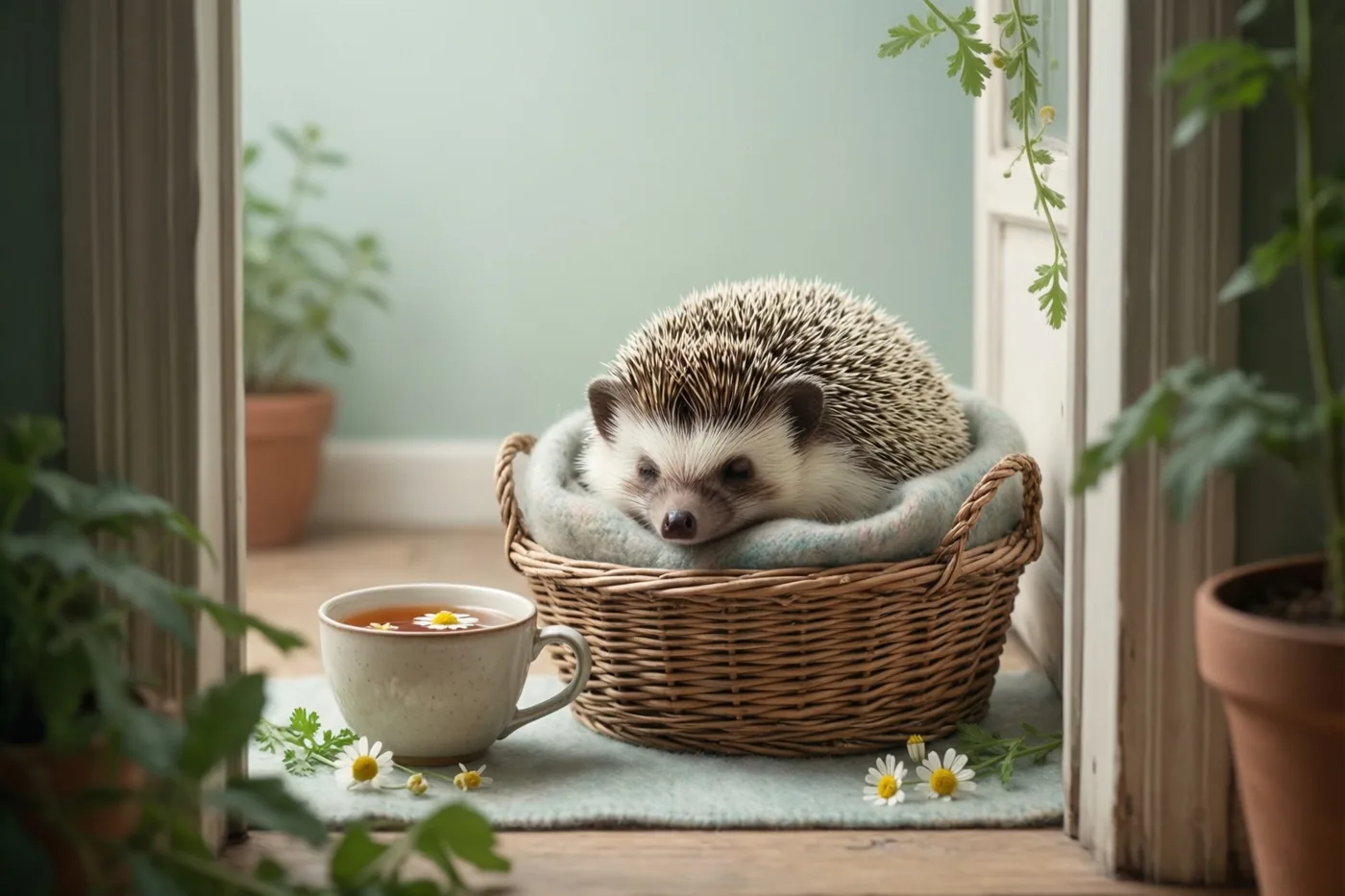 Een kleine egel slaapt opgerold in een gevlochten mand met een wollen deken op een vensterbank, naast een kop kamillethee en potplanten.