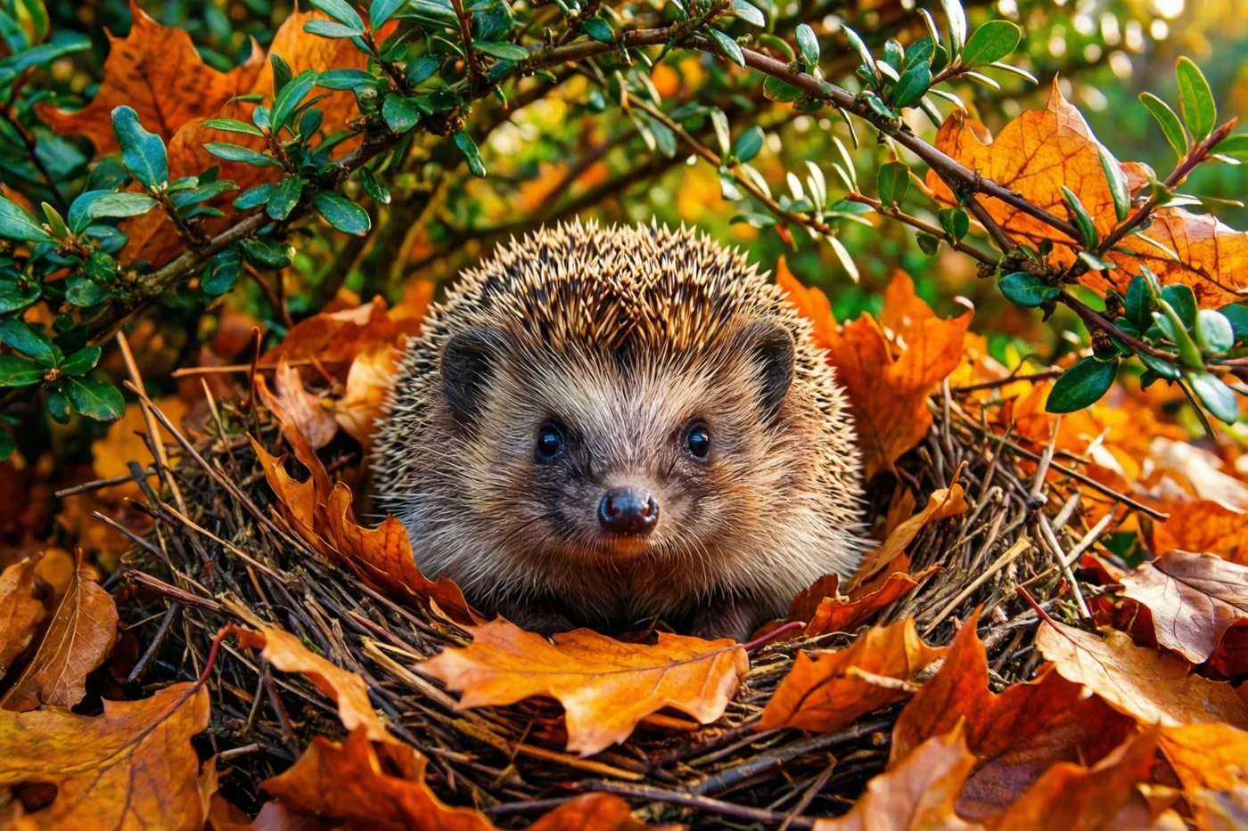 Een jonge egel met donkere ogen kijkt uit een nest van oranje en bruine herfstbladeren onder groen en oranje gebladerte.