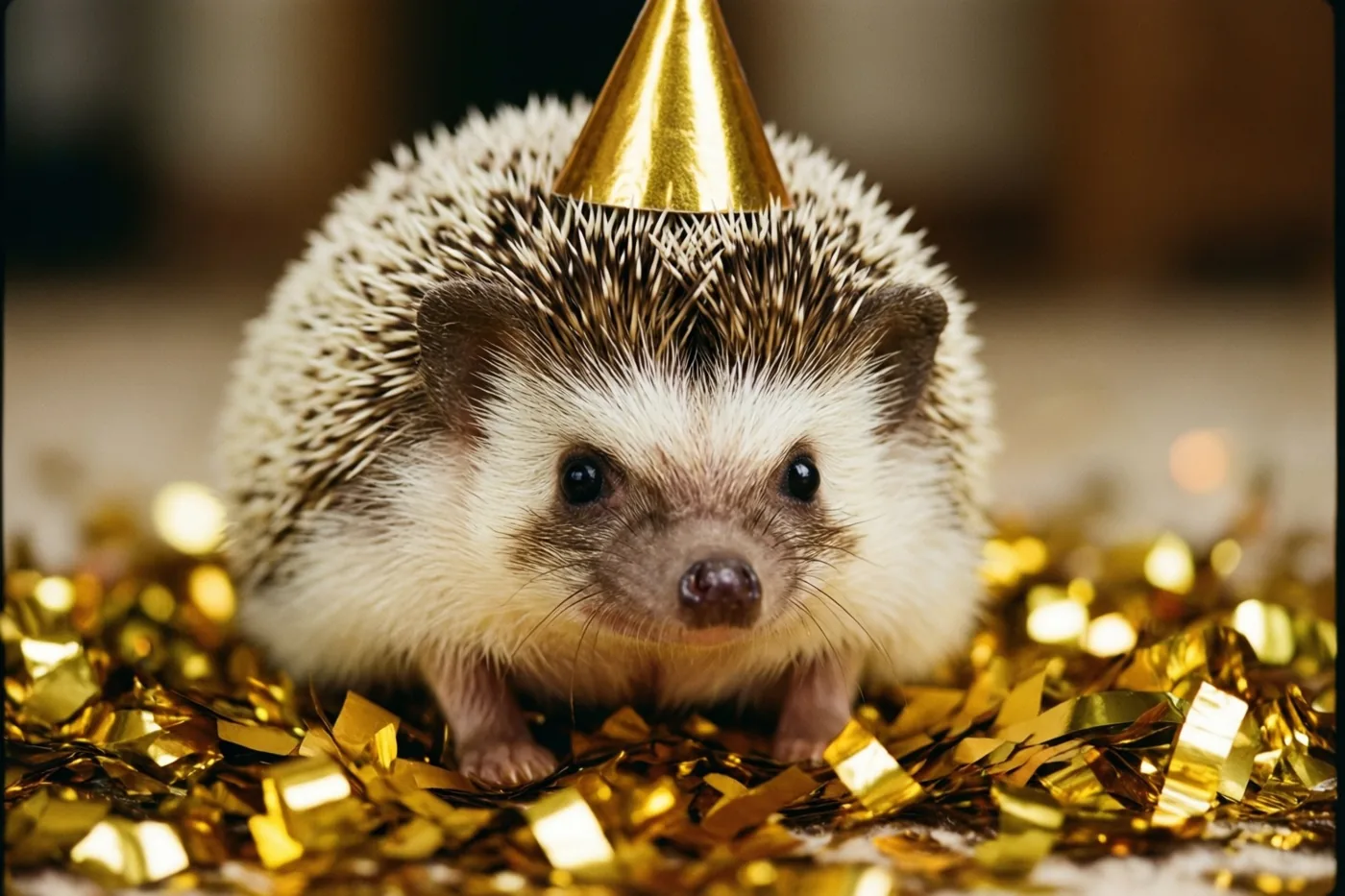 Een jong egeltje met een gouden feesthoedje zit tussen verspreide gouden confetti in warm licht tegen een wazige achtergrond.