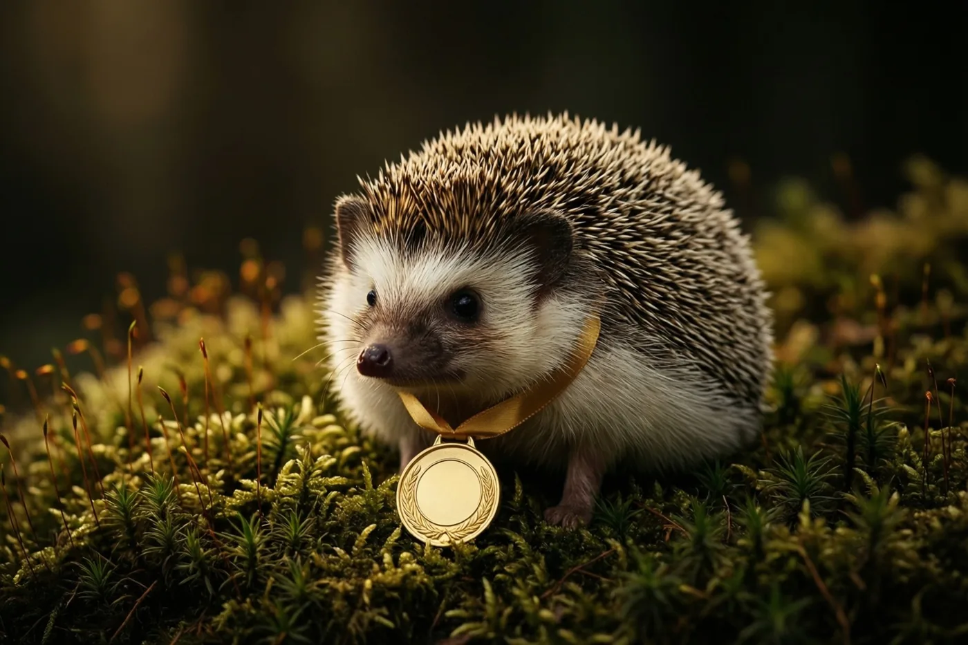 Een klein egeltje met een gouden medaille aan een lint zit op groen mos in zacht, warm licht.