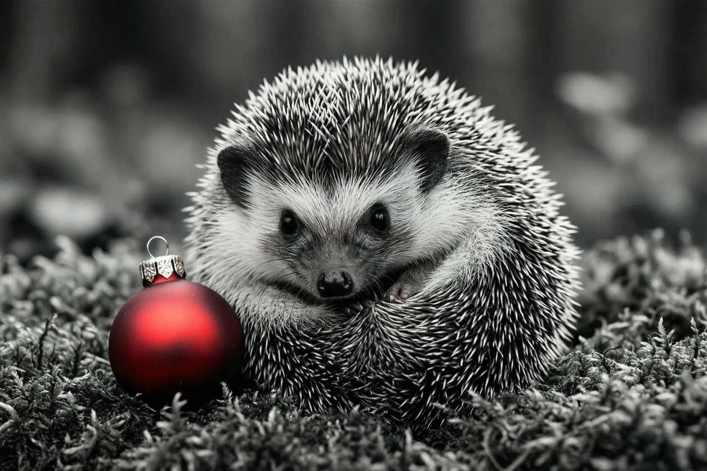 Een jong egeltje ligt opgerold op mos naast een rode kerstbal in een verder zwart-wit beeld.