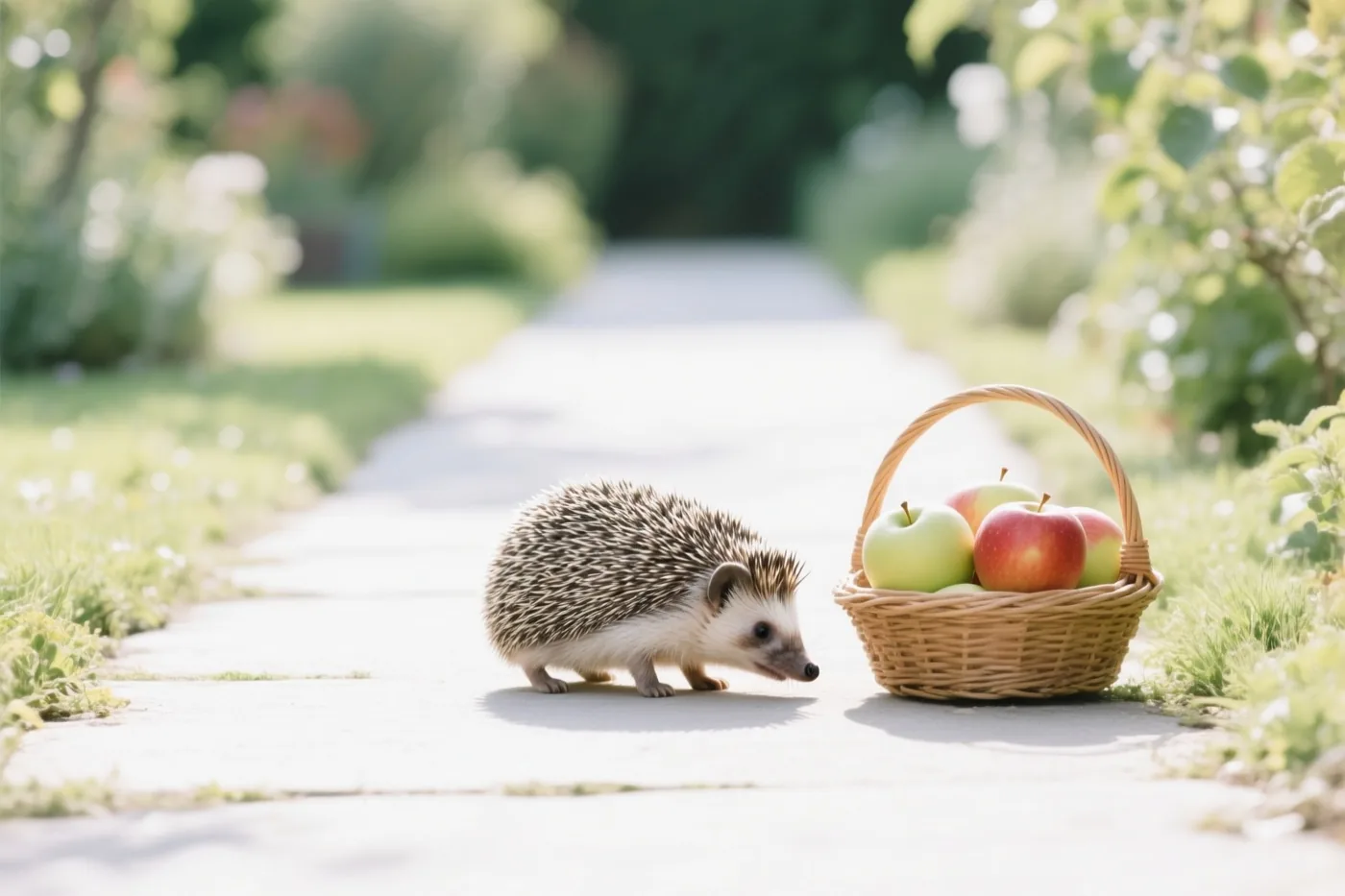 Een klein egeltje snuffelt op een bestraat tuinpad naast een rieten mand vol appels, met groen op de achtergrond in de zon.