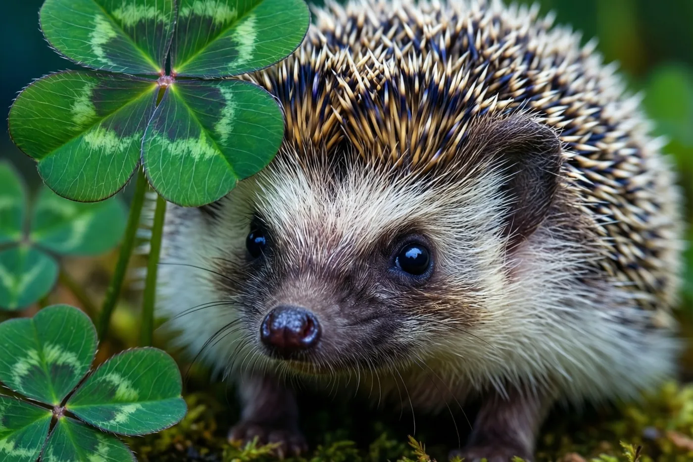 Een jong egeltje met donkere ogen piept onder een felgroen klavertjevier uit in een mossige omgeving met zacht natuurlijk licht.