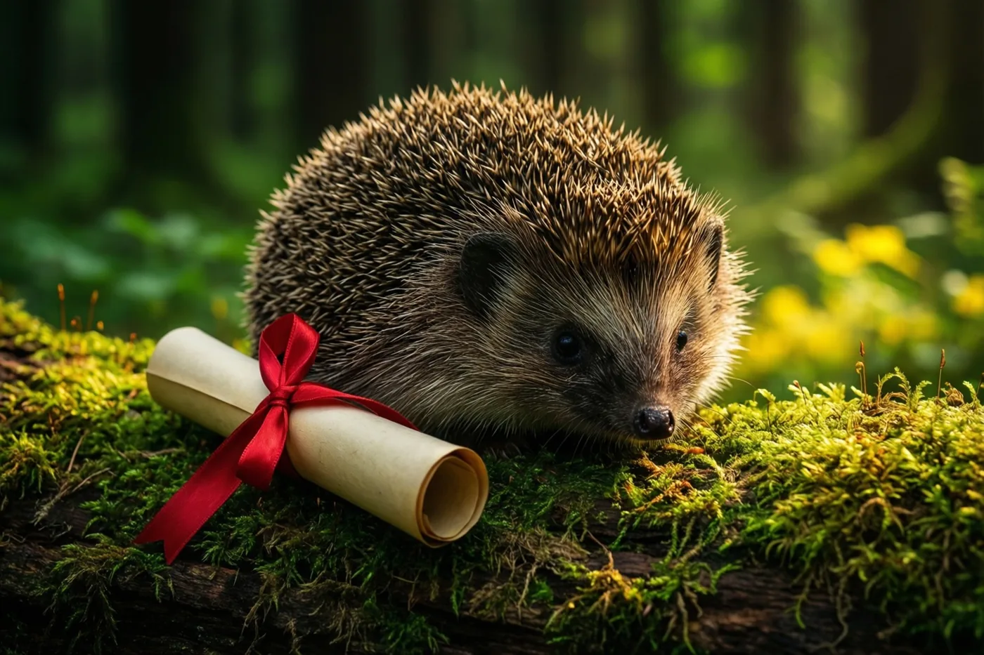 Een opgerolde egel ligt naast een diploma met rood lint op een bemoste boomstam in het bos, in natuurlijk licht.