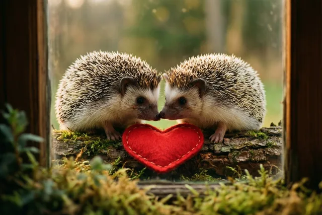 Door een raam met een houten kozijn zijn twee jonge egeltjes te zien die neus aan neus op een rood vilten hart op een bemoste boomstam zitten, in warm zacht licht.