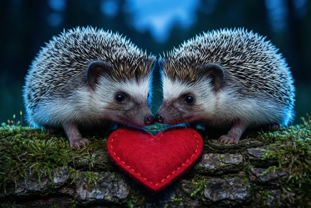 Twee jonge egeltjes raken elkaars neus boven een rood vilten hart op een bemoste boomstam in een schemerig bos met een koelblauwe achtergrond.