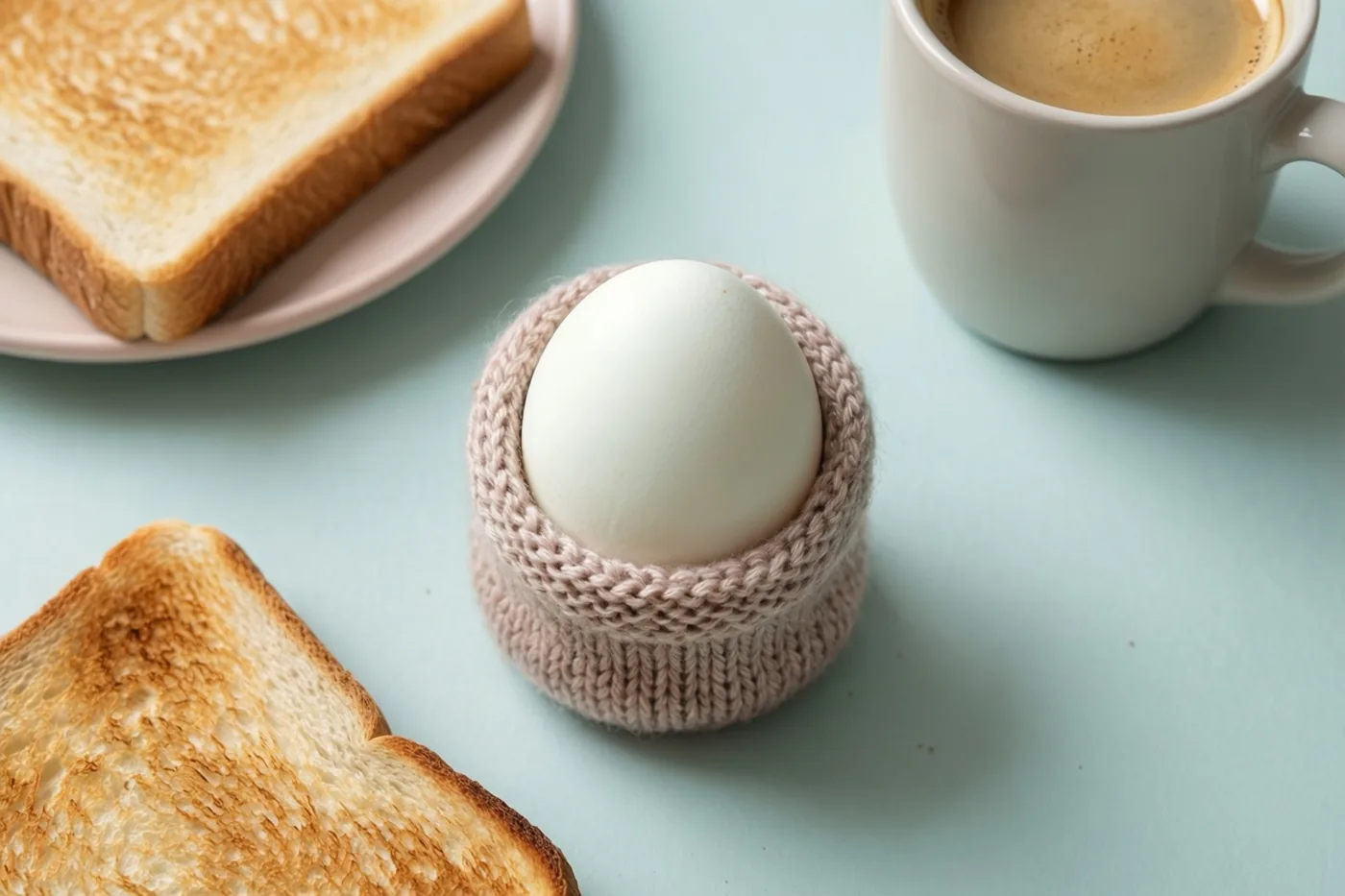 Een gekookt ei in een beige gebreide eierwarmer staat op een lichtblauwe ondergrond naast twee sneetjes toast en een witte mok koffie.