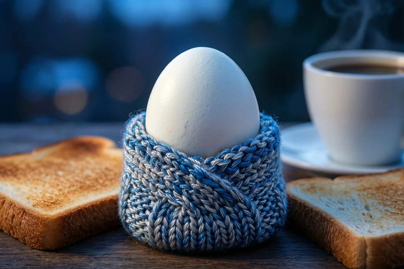 Een wit gekookt ei in een blauw-grijze gebreide eierwarmer staat tussen twee sneetjes toast en dampende koffie op een houten tafel tegen een onscherpe blauwe achtergrond.
