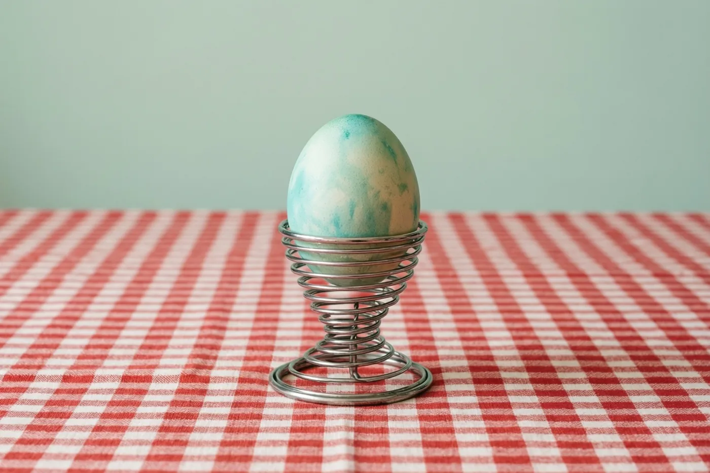 Een geverfd paasei staat in een retro eierhouder van metaaldraad op een rood-wit geruit tafelkleed tegen een effen lichtgroene achtergrond.