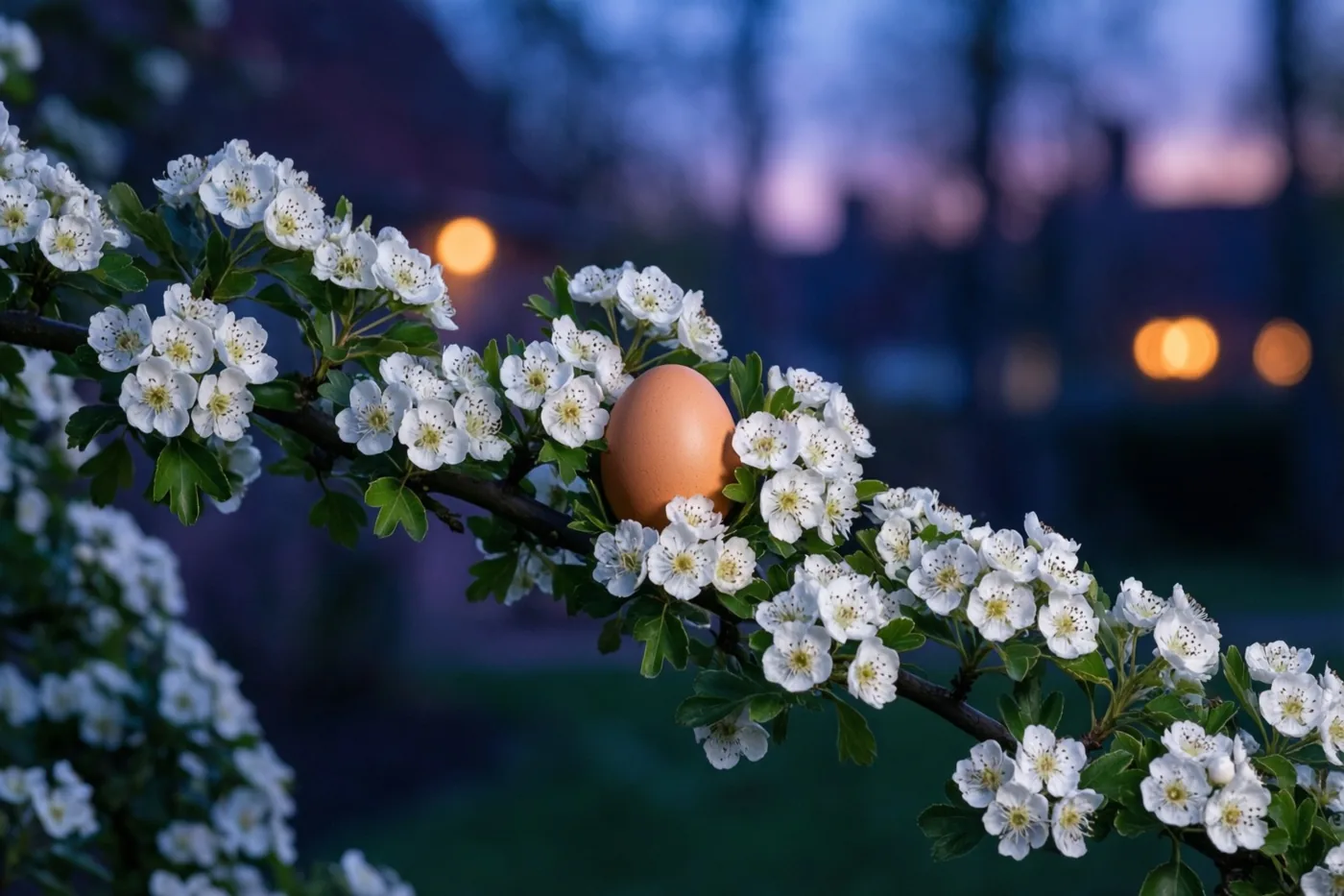 Een bruin ei ligt tussen witte meidoornbloesems tegen een schemerlucht met wazige stadslichtjes op de achtergrond.