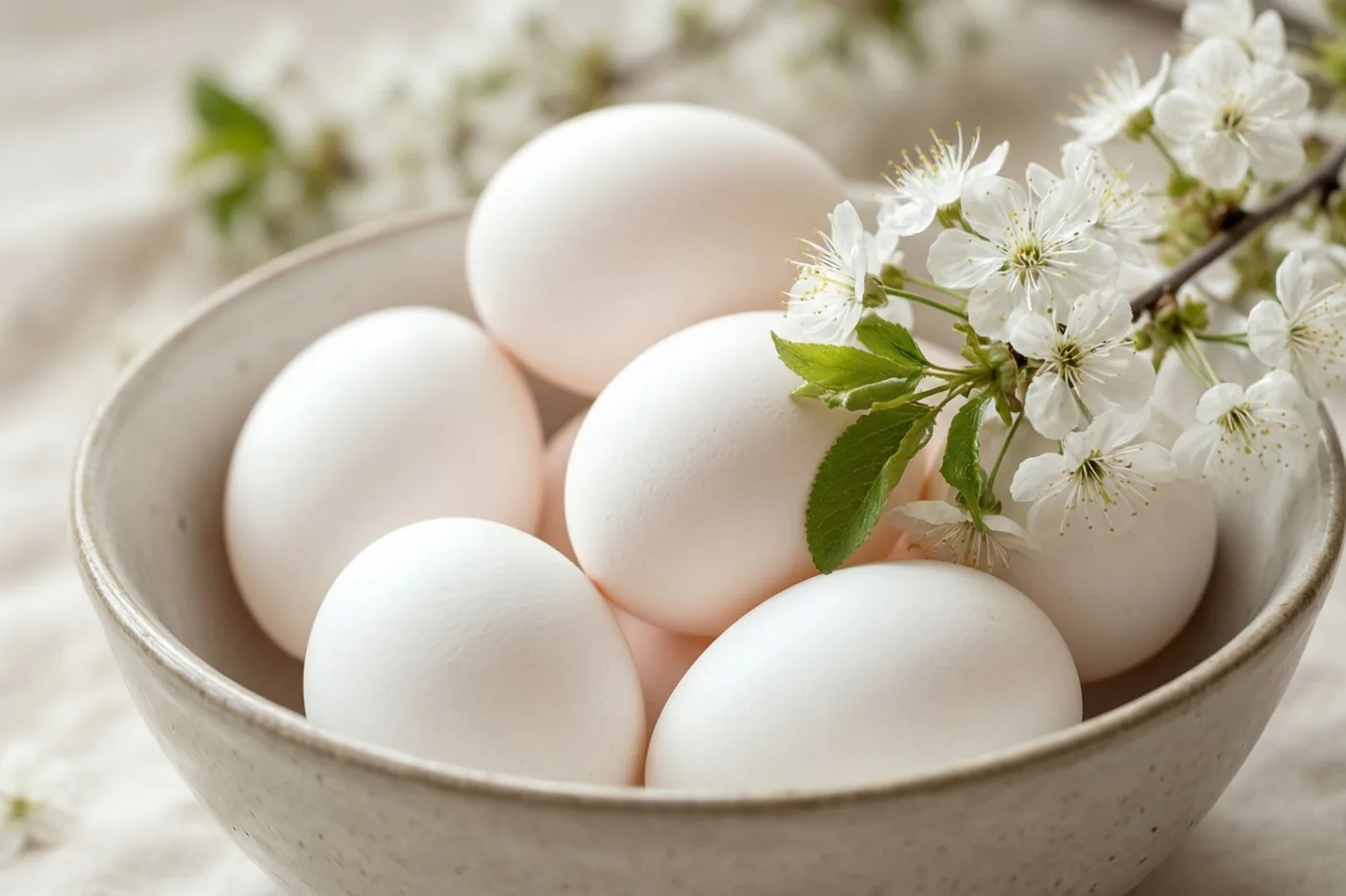 Een keramieken kom met witte eieren en een takje witte bloesems staat op een zachte, lichte stof tegen een onscherpe achtergrond.