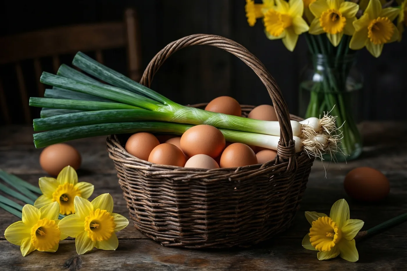 Een rieten mand met bruine eieren en lente-uitjes staat op een rustieke houten tafel tussen gele narcissen, voor een donkere houten achtergrond.