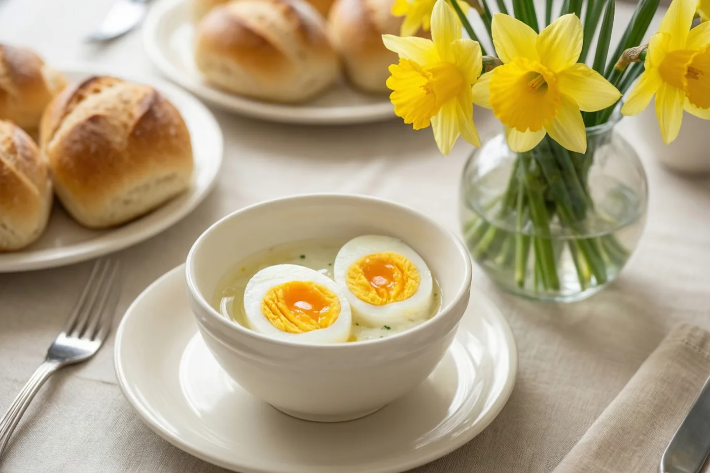 Een witte kom op een schoteltje bevat gehalveerde gekookte eieren in bouillon, met goudbruine broodjes en een vaas gele narcissen ernaast.